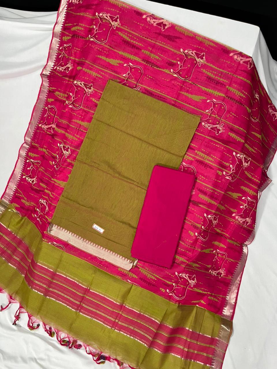 Mangalagiri Cotton Dress Material with Pink Chunni with Green Colour