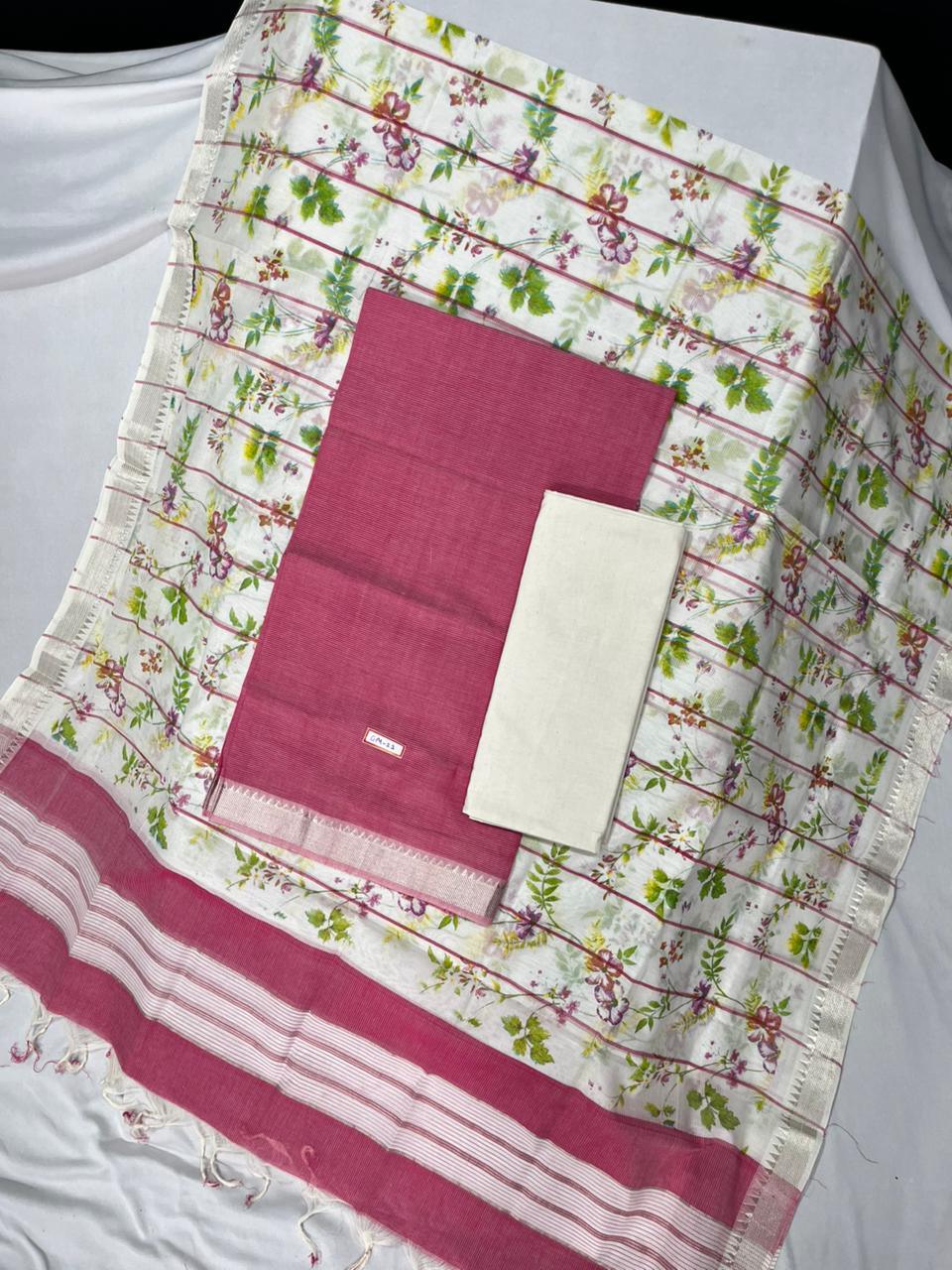 Mangalagiri Cotton Dress Material with White Chunni with Pink Colour