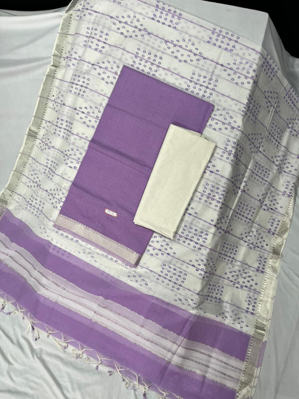 Mangalagiri Cotton Dress Material with White Chunni with Lavender Colour