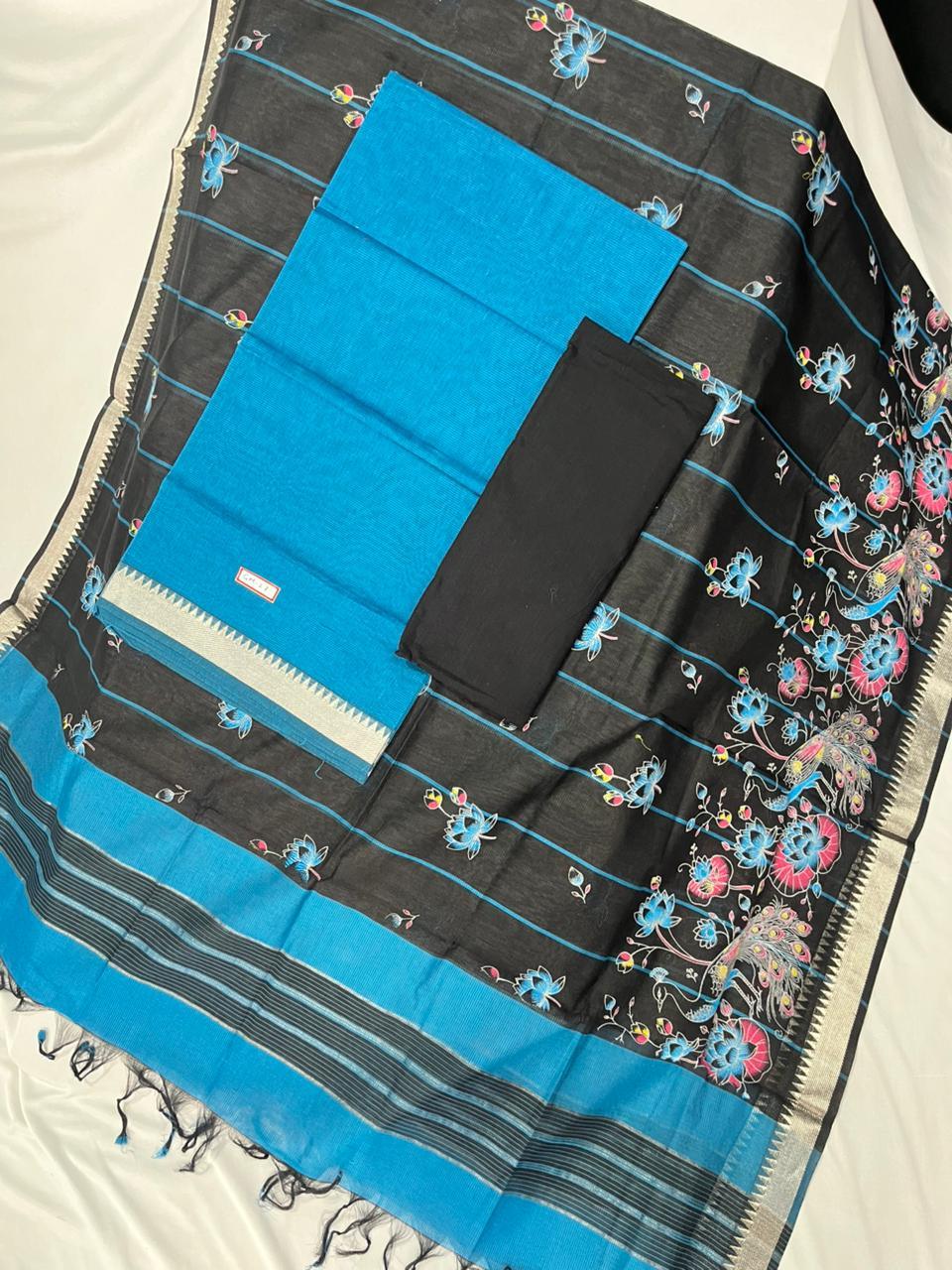 Mangalagiri Cotton Dress Material with Black Chunni with Sky Blue Colour