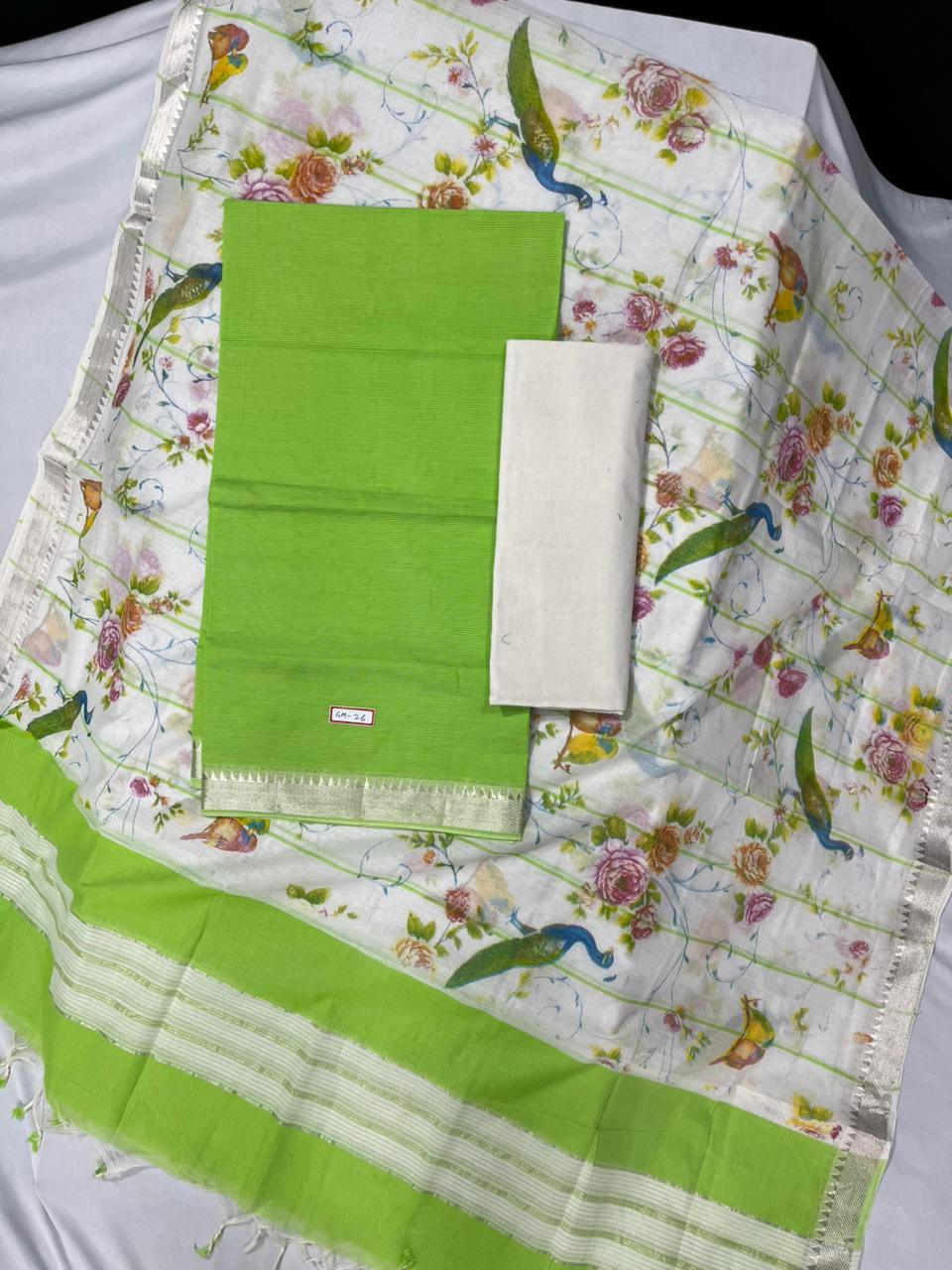 Mangalagiri Cotton Dress Material with White Chunni with Green Colour
