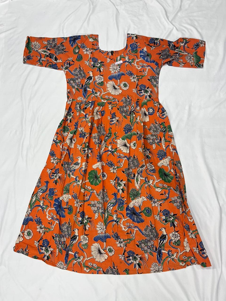 Kalamkari Design Frock – Orange Colour | Handloom Ethnic Wear with Half Lining