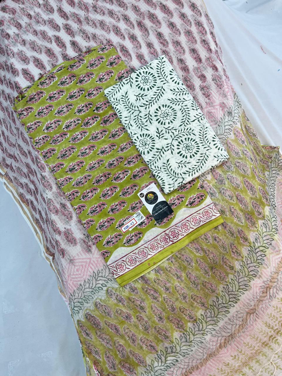 Jaipur Hand Block Print Cotton Dress Material with Kota Dupatta – Light Orange Color | Bhavana Handlooms