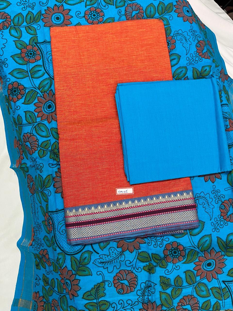 Handloom Cotton Dress Material – Orange & Sky Blue Color | Bhavana Handlooms