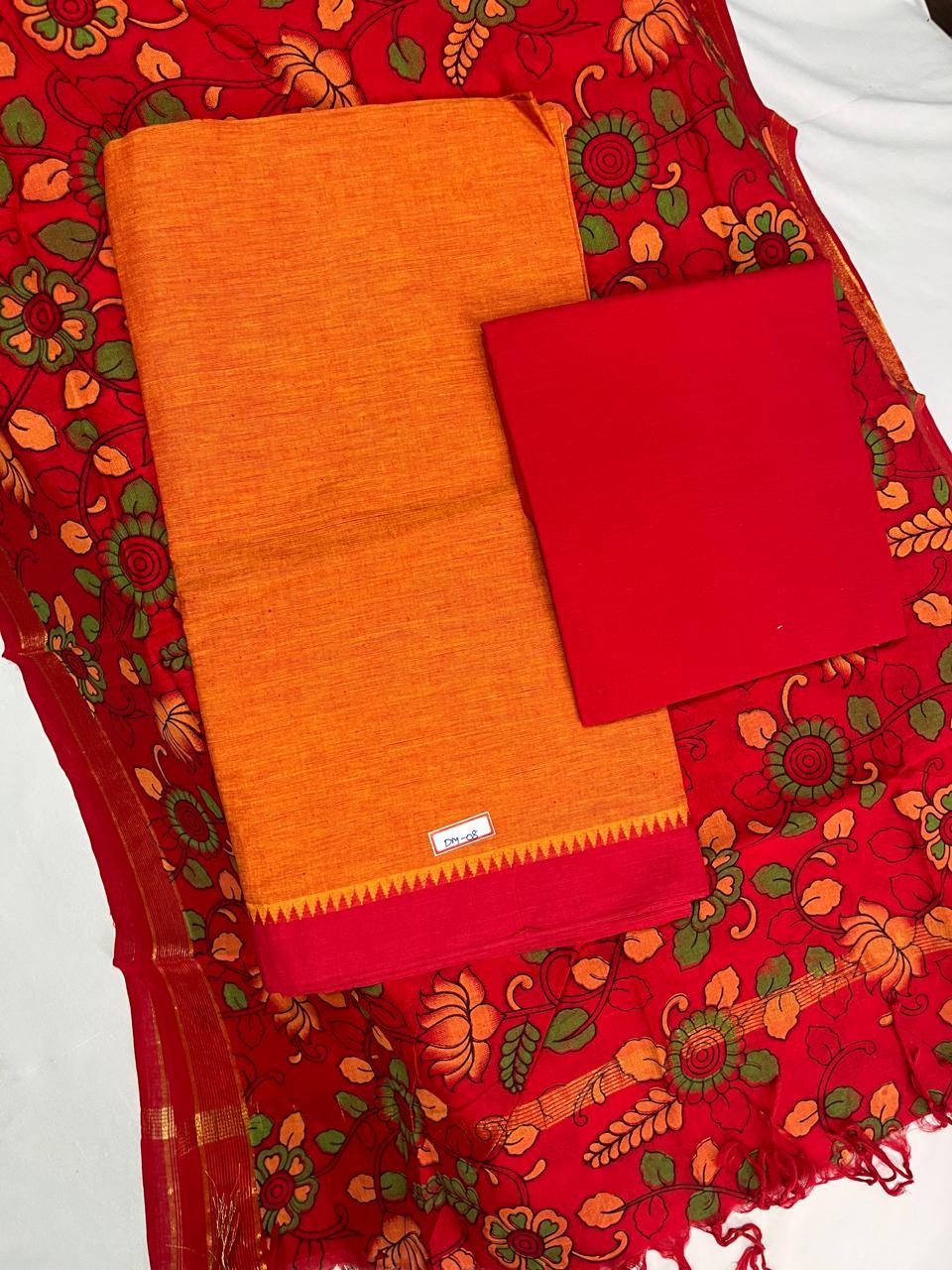 Handloom Cotton Dress Material – Red & Orange Musted Color | Bhavana Handlooms