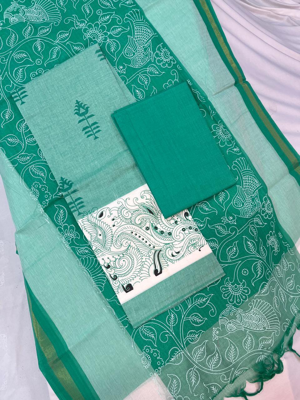 Printed Cotton Dress Material – Light Green Color | Bhavana Handlooms