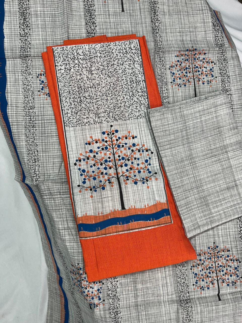 Printed Cotton Dress Material – Orange Color | Bhavana Handlooms