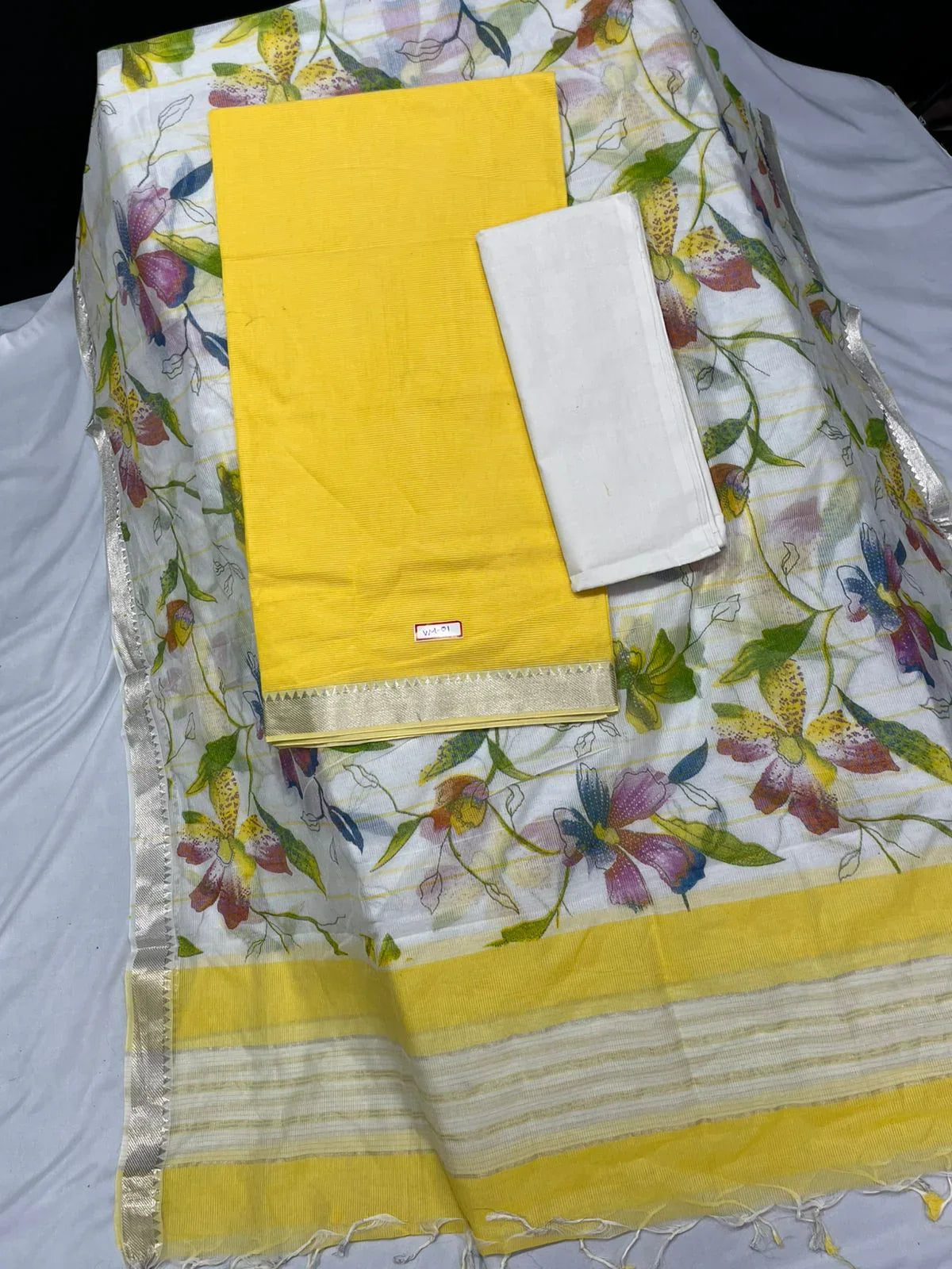 Mangalagiri Cotton Dress Material with White Chunni with Mango Yellow Colour