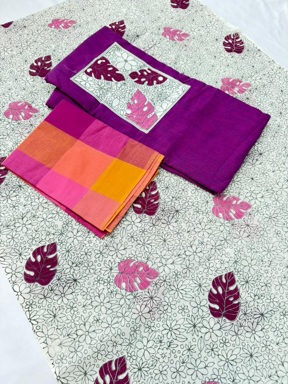 Cotton Dress Material with Dark Purple Color