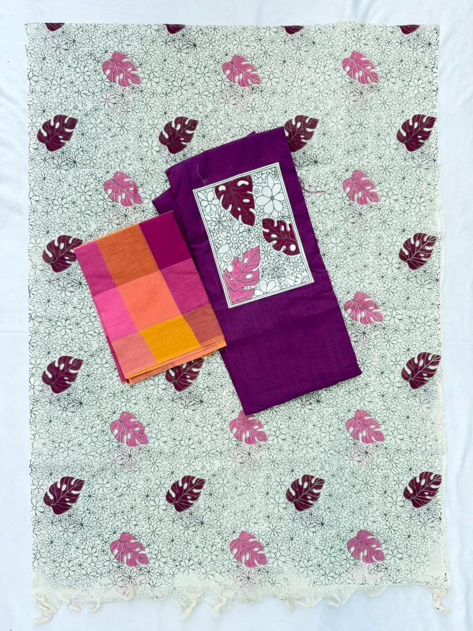 Cotton Dress Material with Dark Purple Color