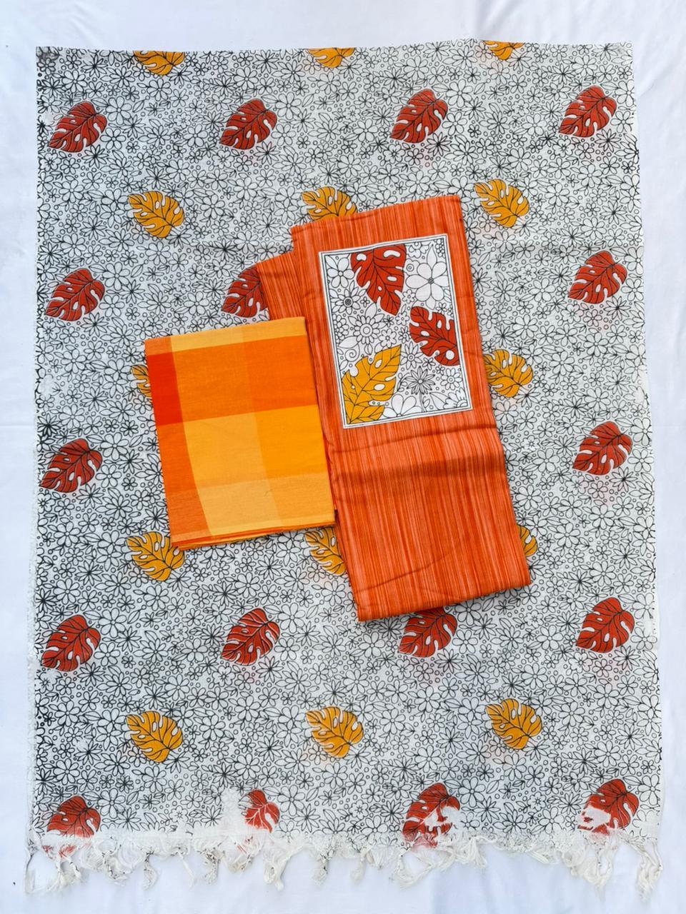 Cotton Dress Material with Orange Color