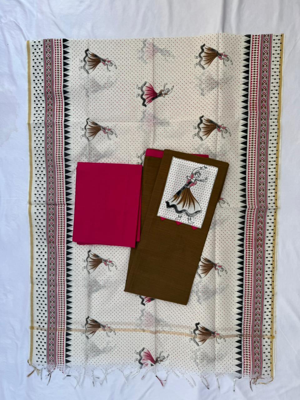 Cotton Dress Material with Green and Brown Double View Color