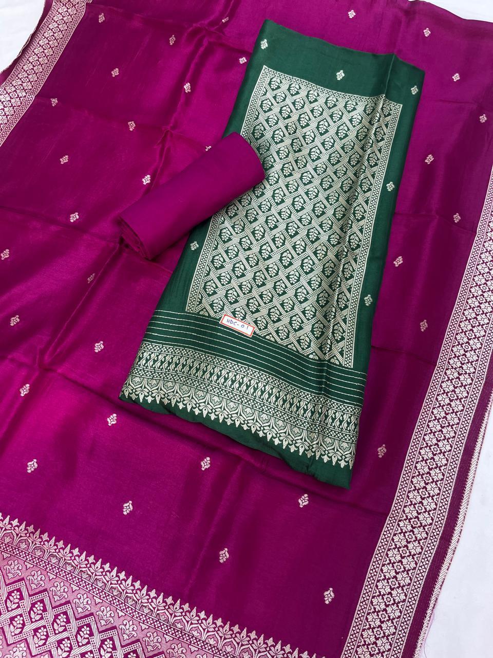 Drak Green Chanderi Silk Dress Material – Royal Look with Silver Zari & Soft Shine