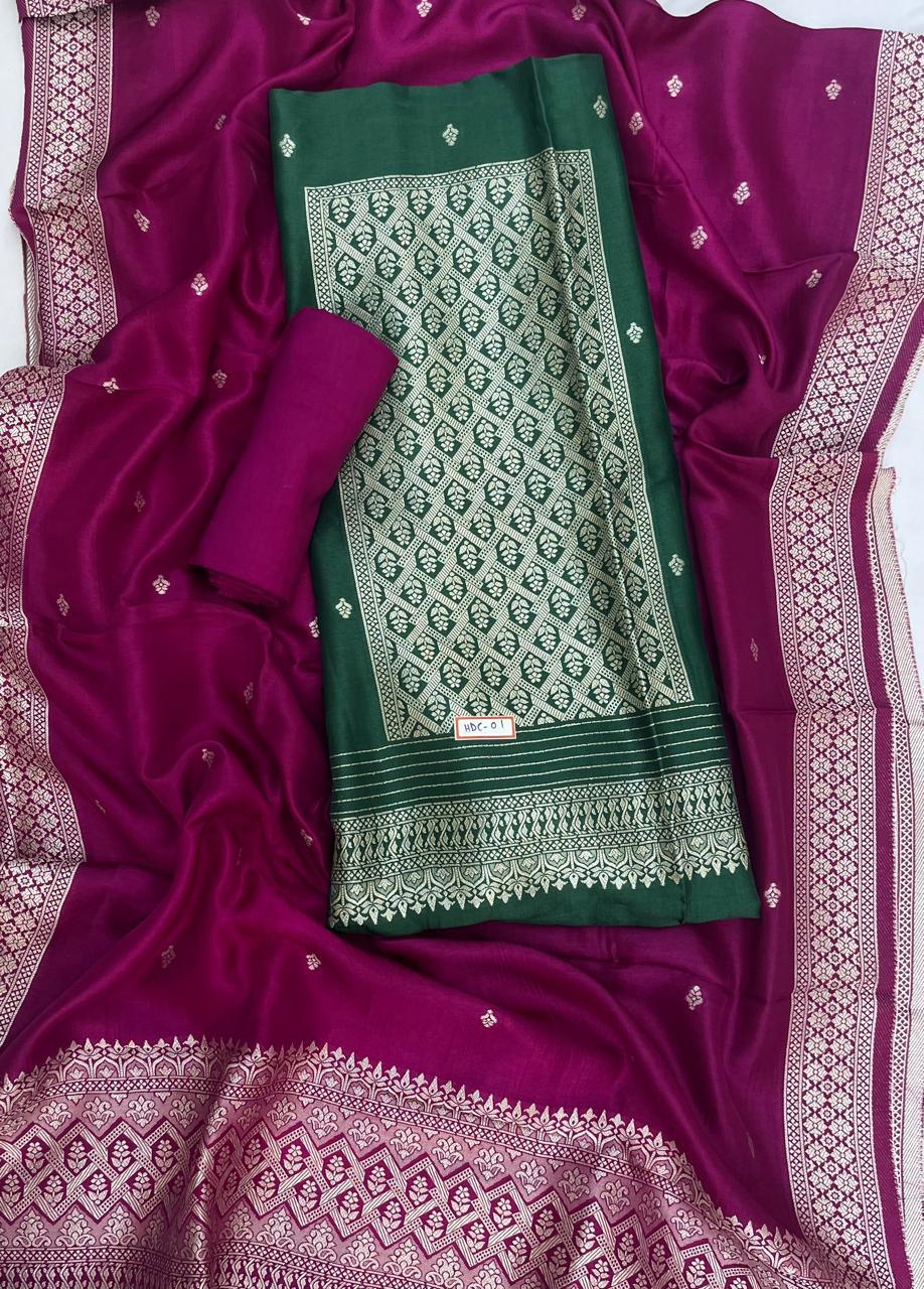 Drak Green Chanderi Silk Dress Material – Royal Look with Silver Zari & Soft Shine