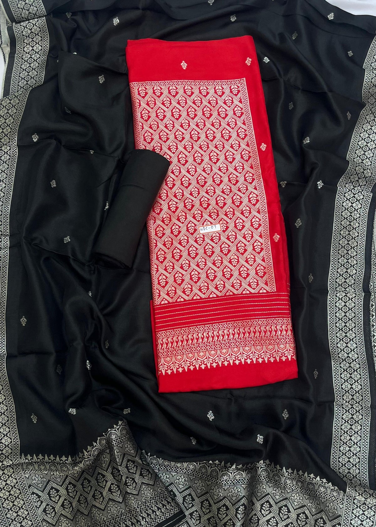 Red Chanderi Silk Dress Material – Royal Look with Silver Zari & Soft Shine