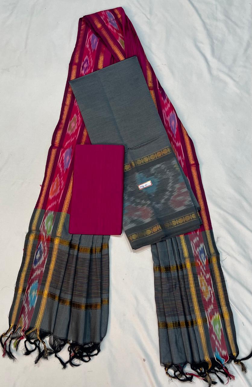 Pochampally Rudraksha Border Dress Material – Gray Mercerised Fabric | Traditional Handloom Cotton Set