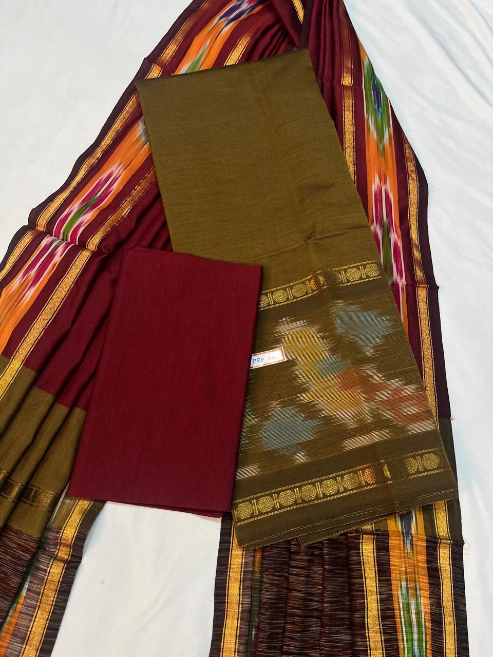 Pochampally Rudraksha Border Dress Material – Brown Mercerised Fabric | Traditional Handloom Cotton Set