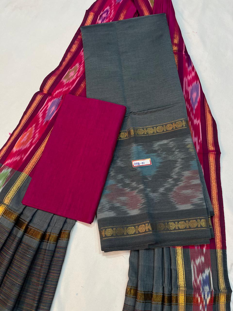 Pochampally Rudraksha Border Dress Material – Gray Mercerised Fabric | Traditional Handloom Cotton Set