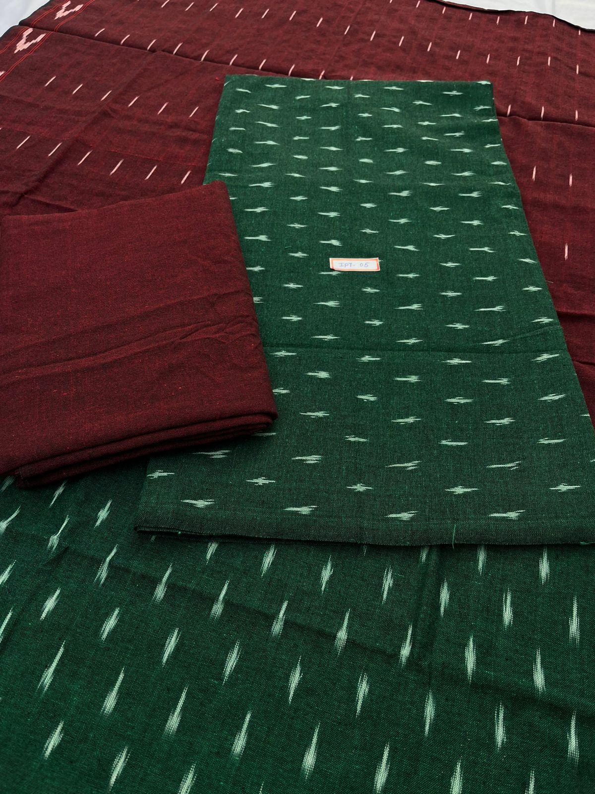 Pochampally ikkath 3pc dress material with Dark Green colour