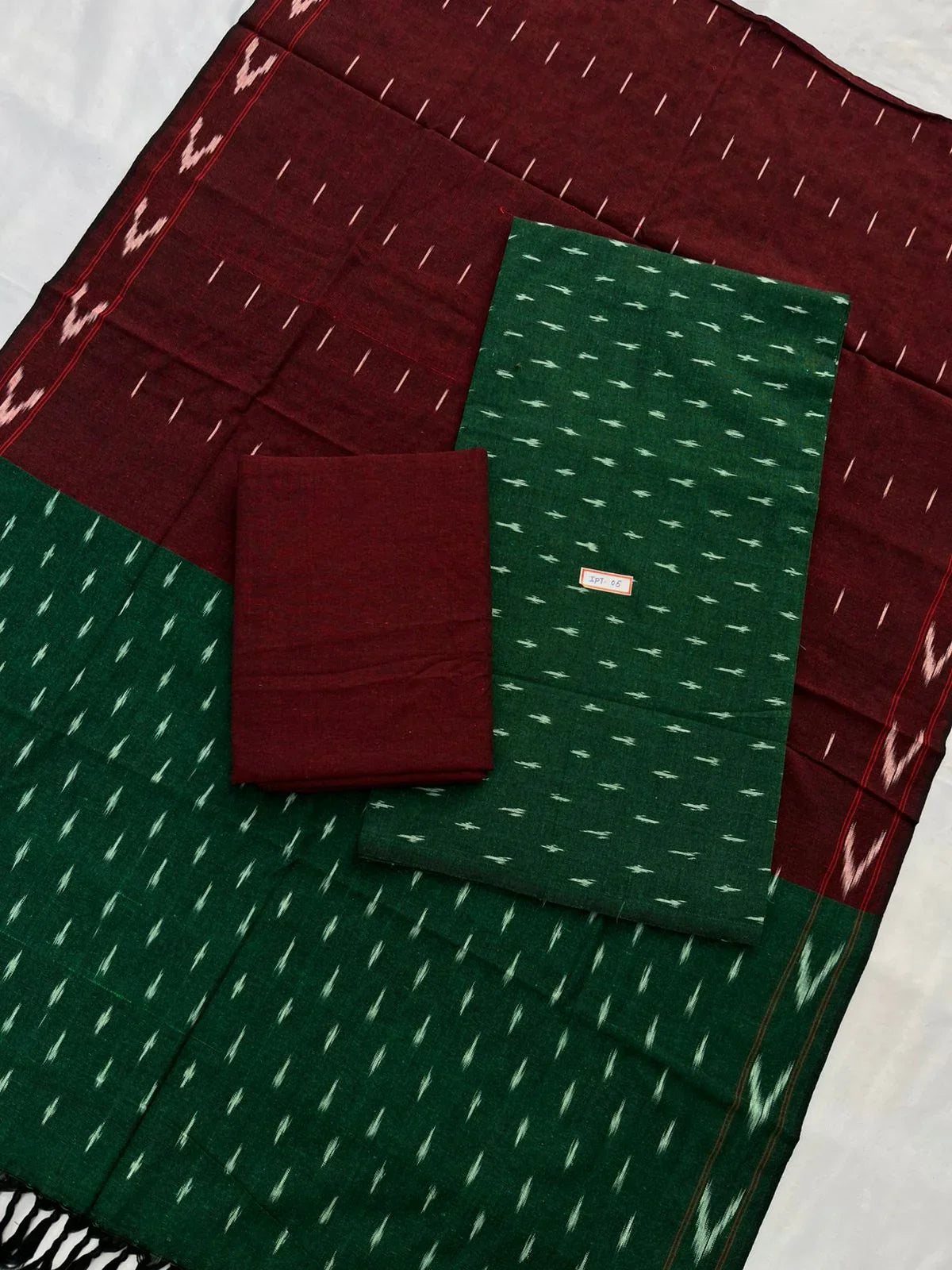 Pochampally ikkath 3pc dress material with Dark Green colour