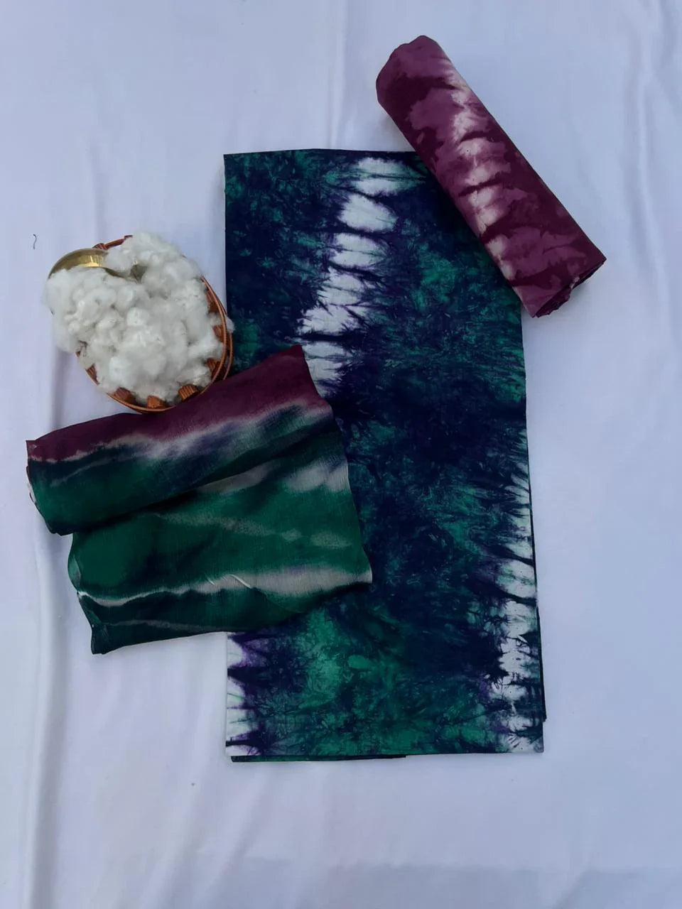 Blue Green Cotton Dress Material with Soft Chiffon Dupatta