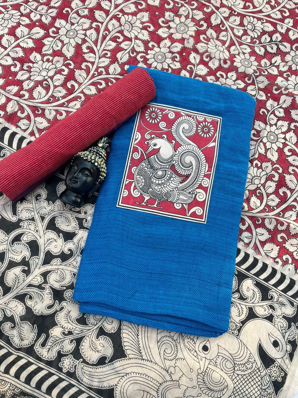 Kalamkari cotton Dress Material with Blue colour