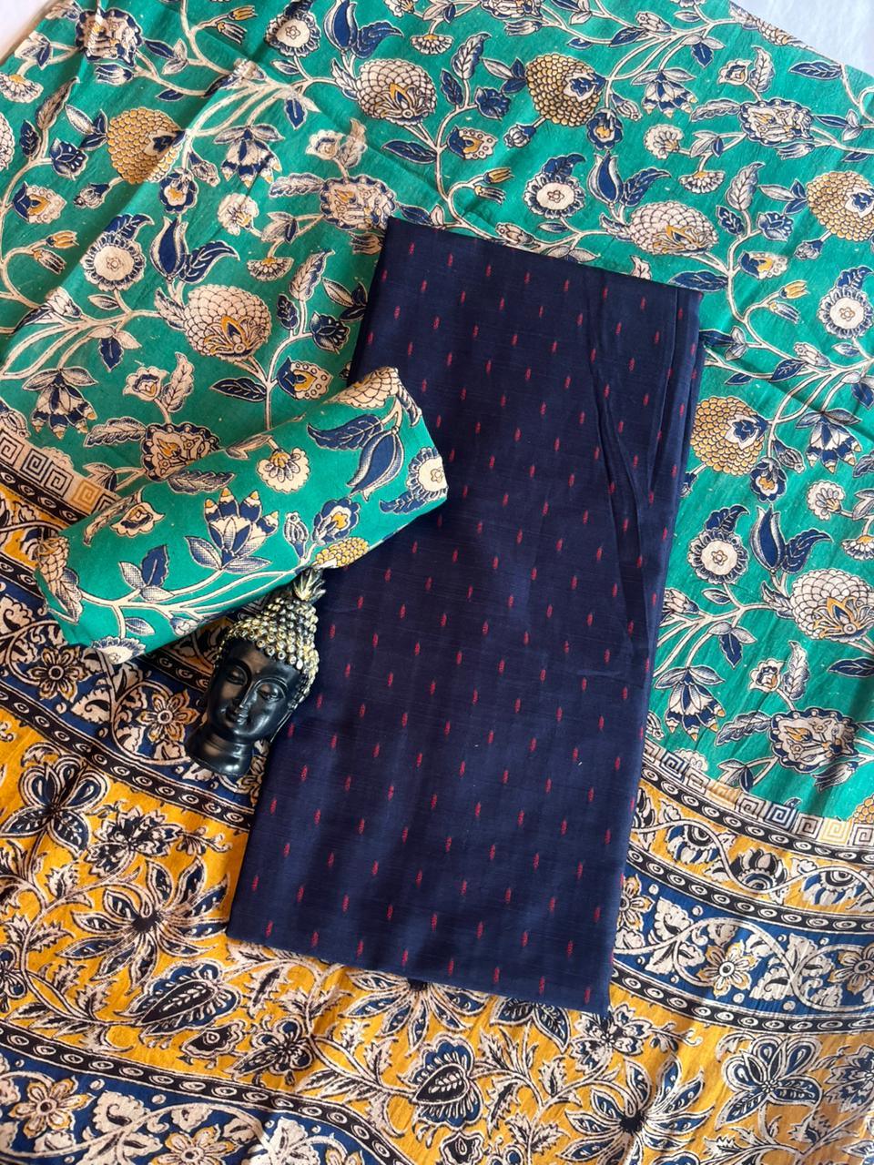 Raw Silk Dress Material with Green Colour Kalmkari Dupatta & Green Colour Bottom