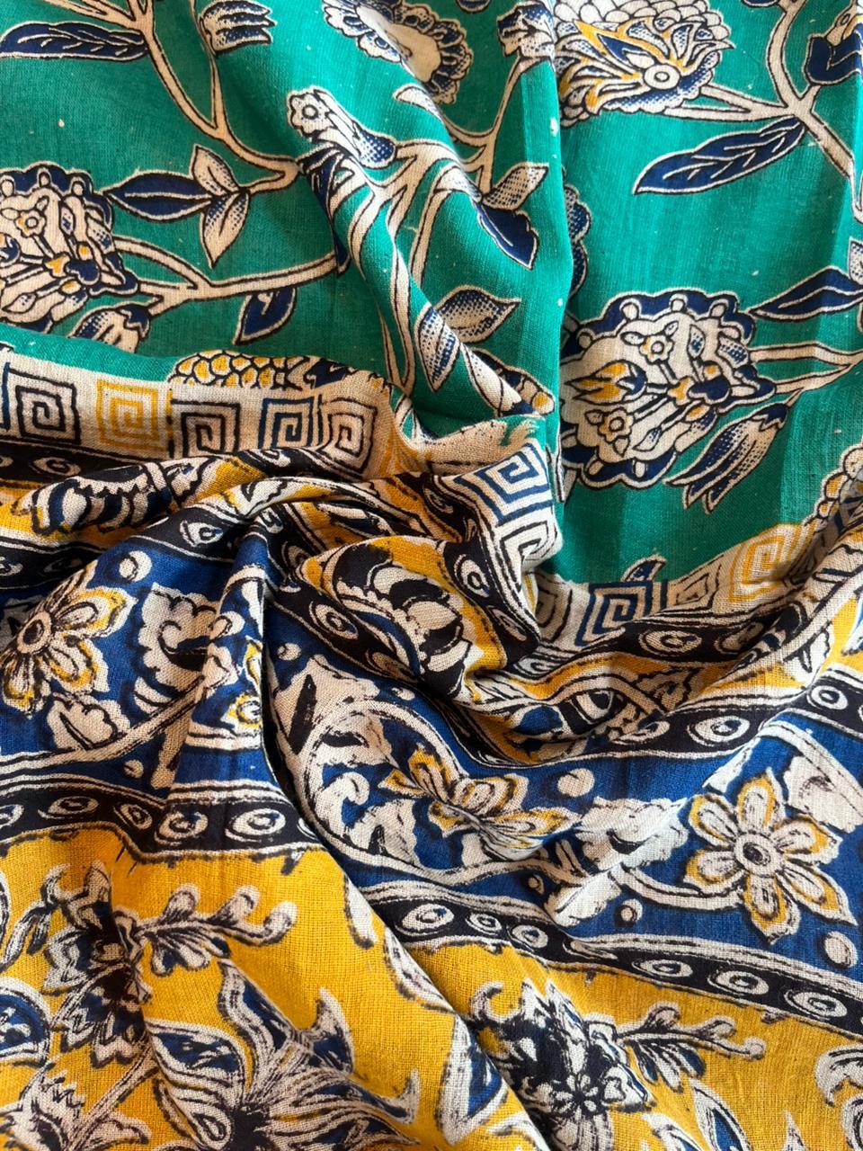 Raw Silk Dress Material with Green Colour Kalmkari Dupatta & Green Colour Bottom
