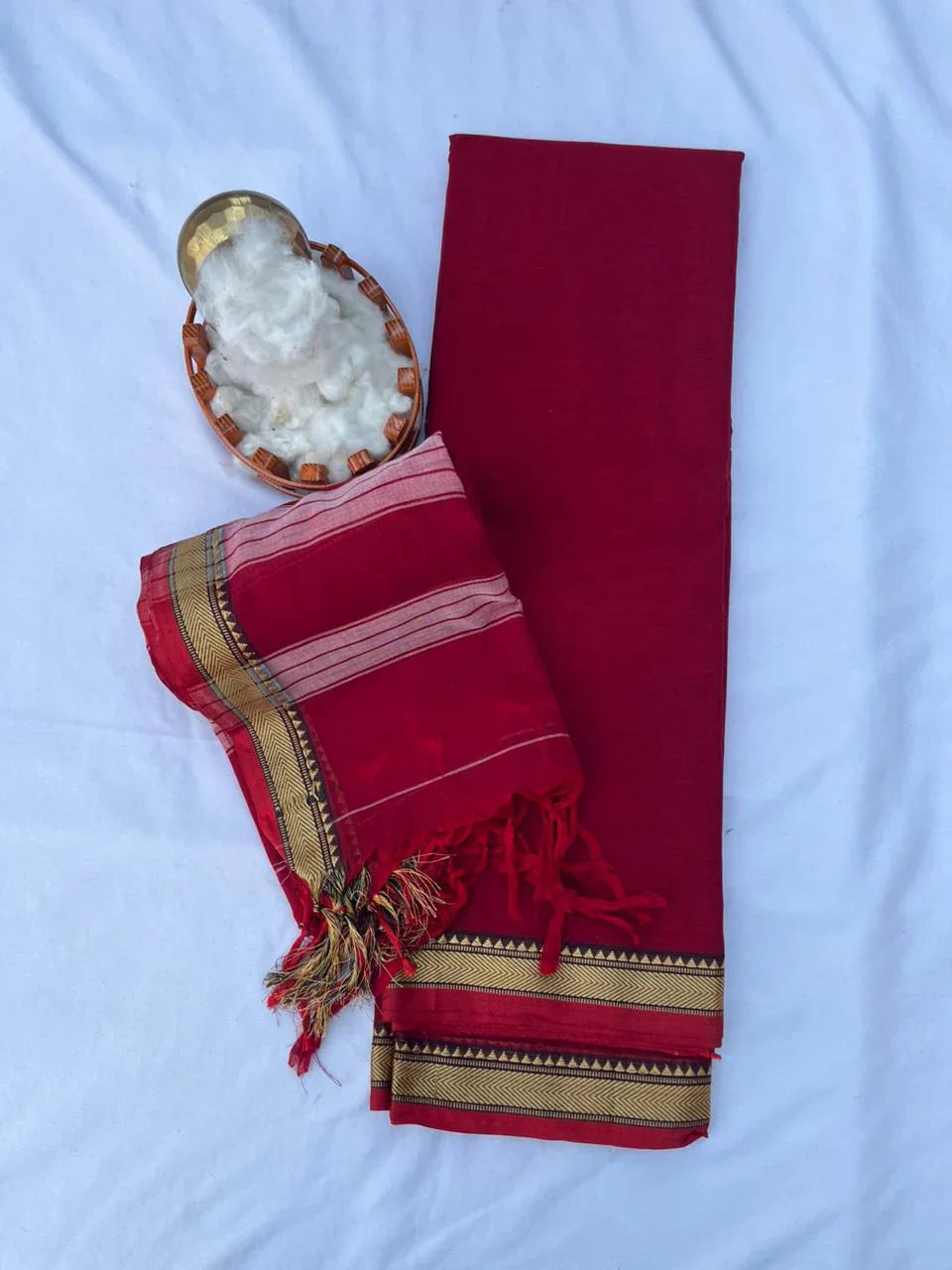 Traditional wear Narayanpet Mercerised cotton dress material with Red colour