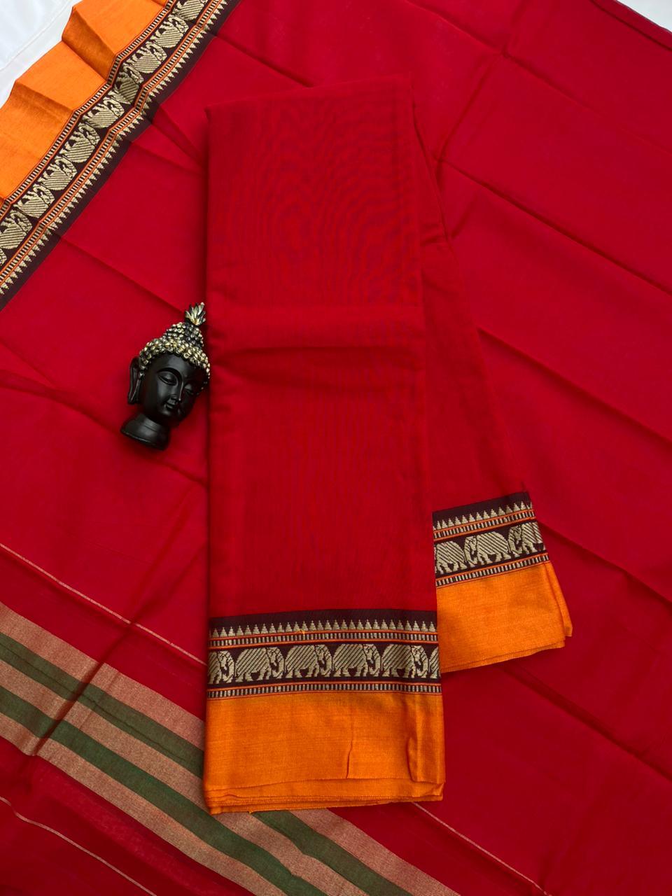 Traditional wear Narayanpet Mercerised cotton dress material with Red colour