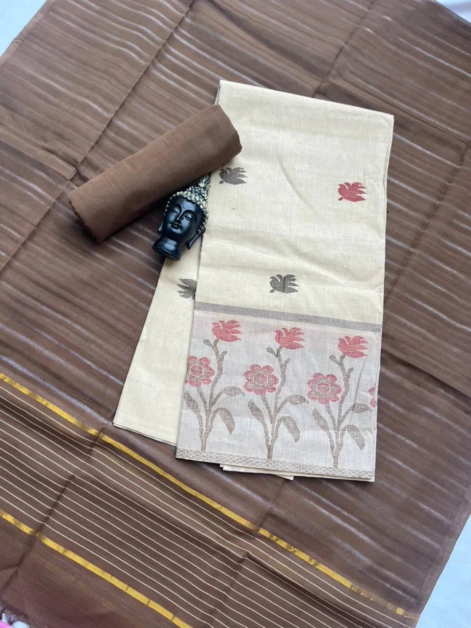 Premium Jamdani Cotton 3-Piece Dress Material in Brown Colour