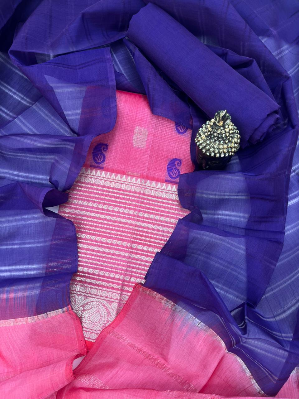 Mangalagiri Pattu Dress Material with Zari Border – Pink Colour