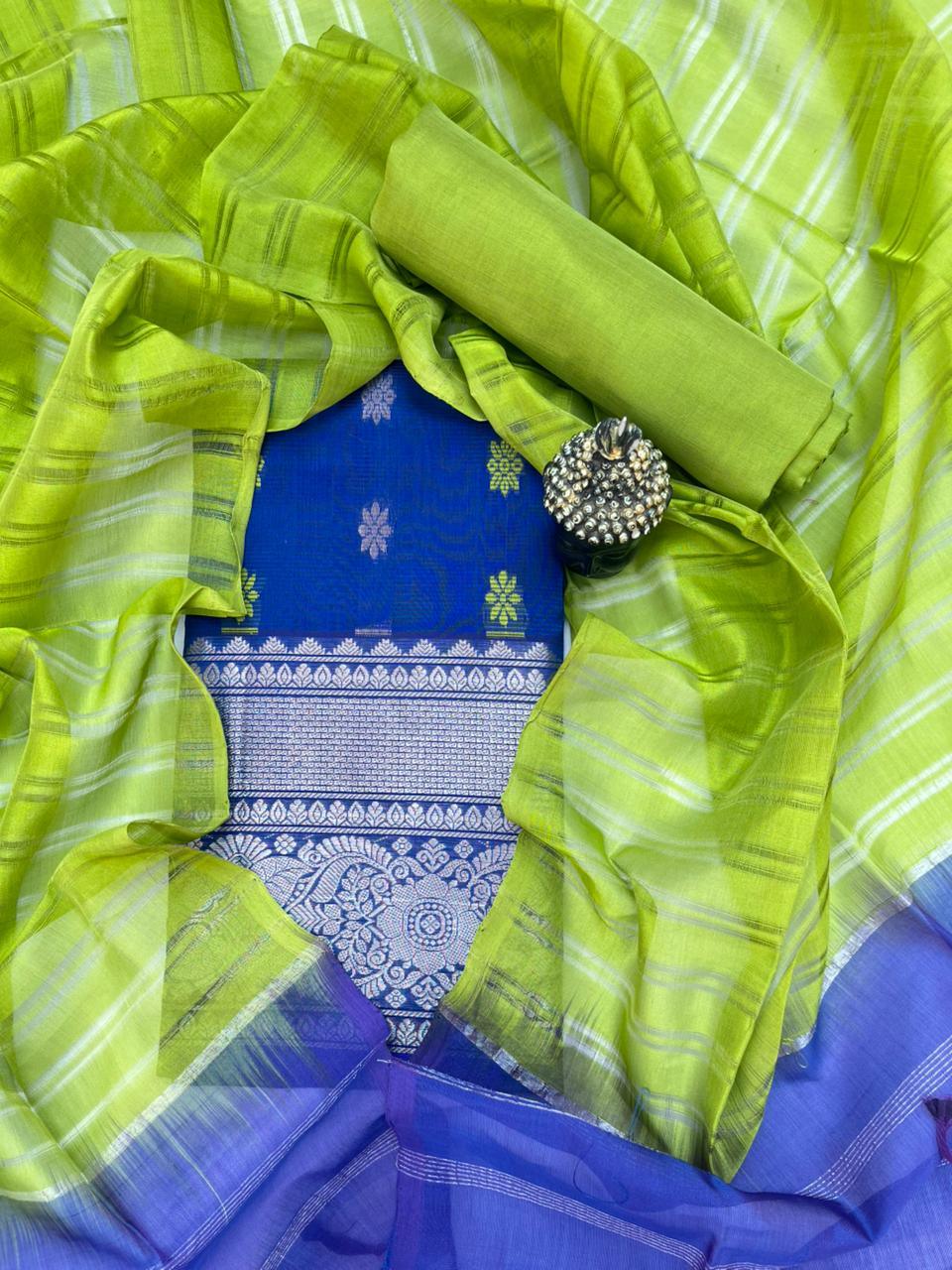 Mangalagiri Pattu Dress Material with Zari Border – Blue Colour