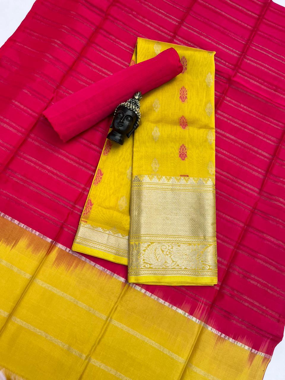 Mangalagiri Pattu Dress Material with Zari Border – Yellow Colour