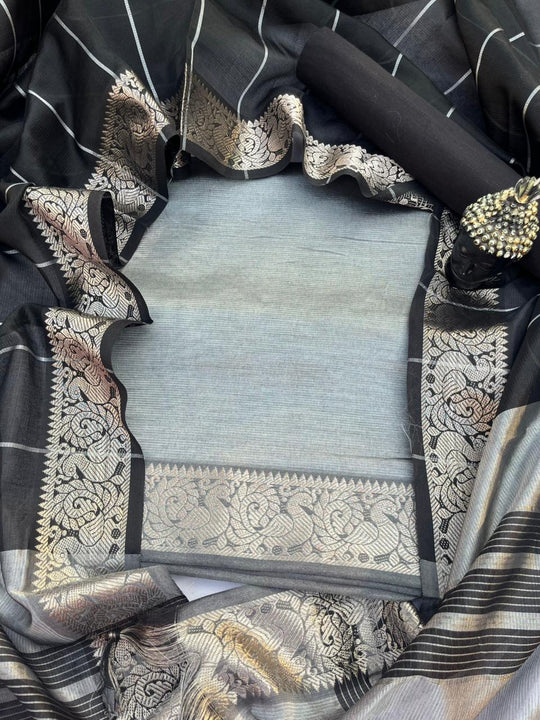 Mangalagiri Semi Pattu Dress Material with Zari Border – Gray Colour