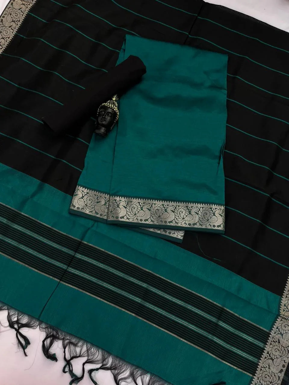 Mangalagiri Semi Pattu Dress Material with Zari Border – Sea Green Colour