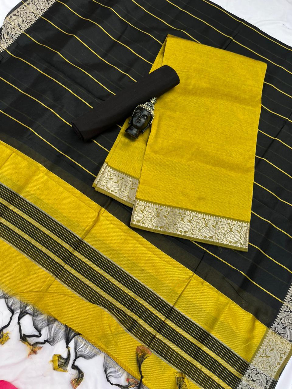Mangalagiri Semi Pattu Dress Material with Zari Border – Musted Yellow Colour