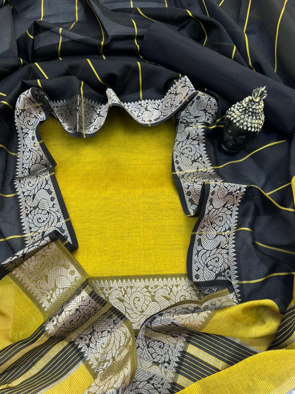 Mangalagiri Semi Pattu Dress Material with Zari Border – Musted Yellow Colour
