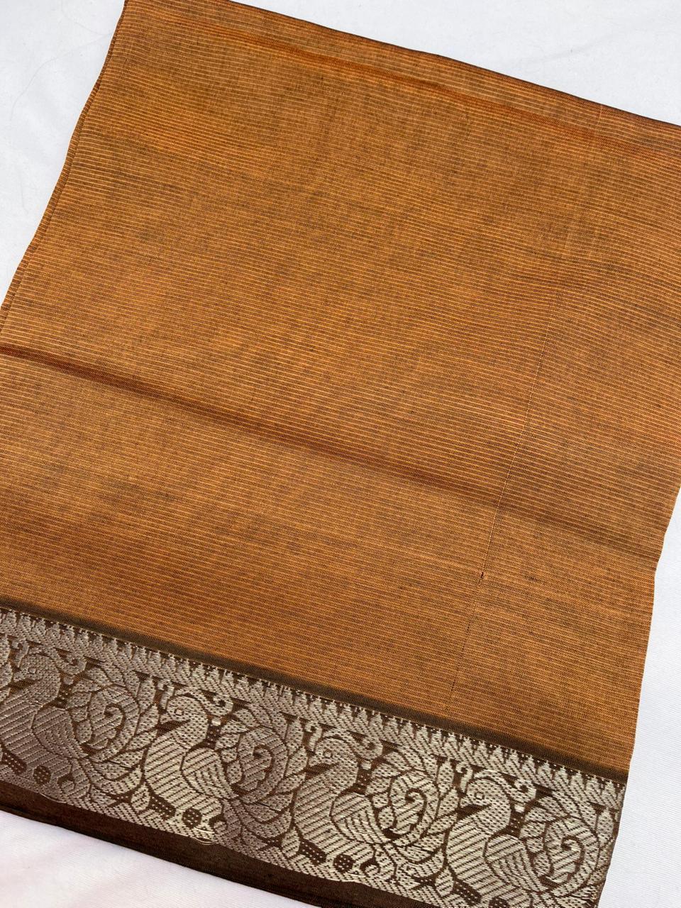 Mangalagiri Semi Pattu Dress Material with Zari Border – Light Brown Colour
