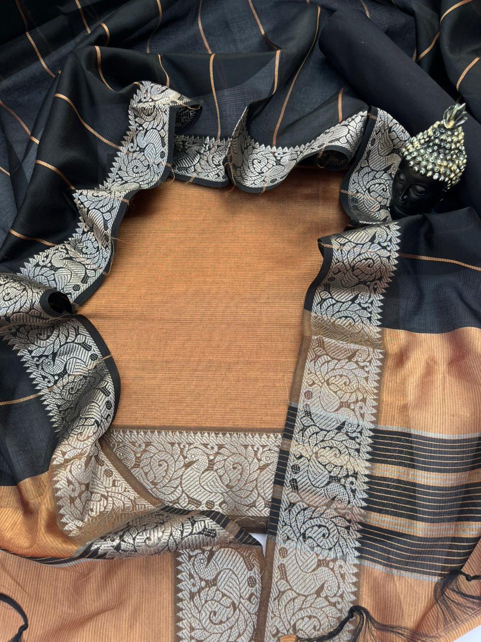 Mangalagiri Semi Pattu Dress Material with Zari Border – Light Brown Colour