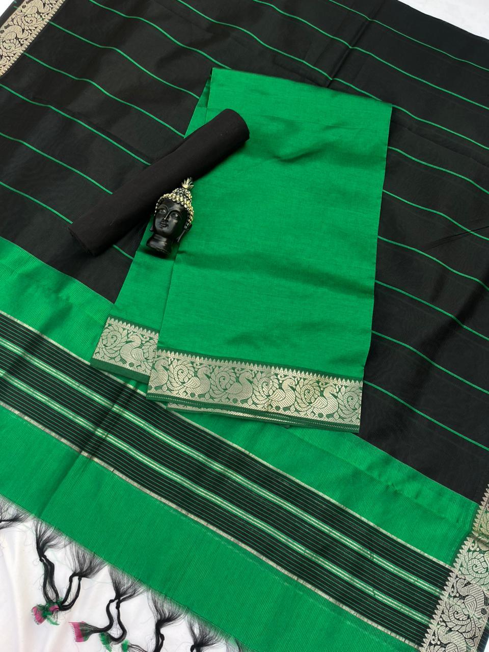 Mangalagiri Semi Pattu Dress Material with Zari Border – Green Colour