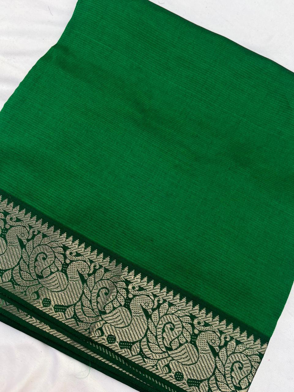 Mangalagiri Semi Pattu Dress Material with Zari Border – Green Colour