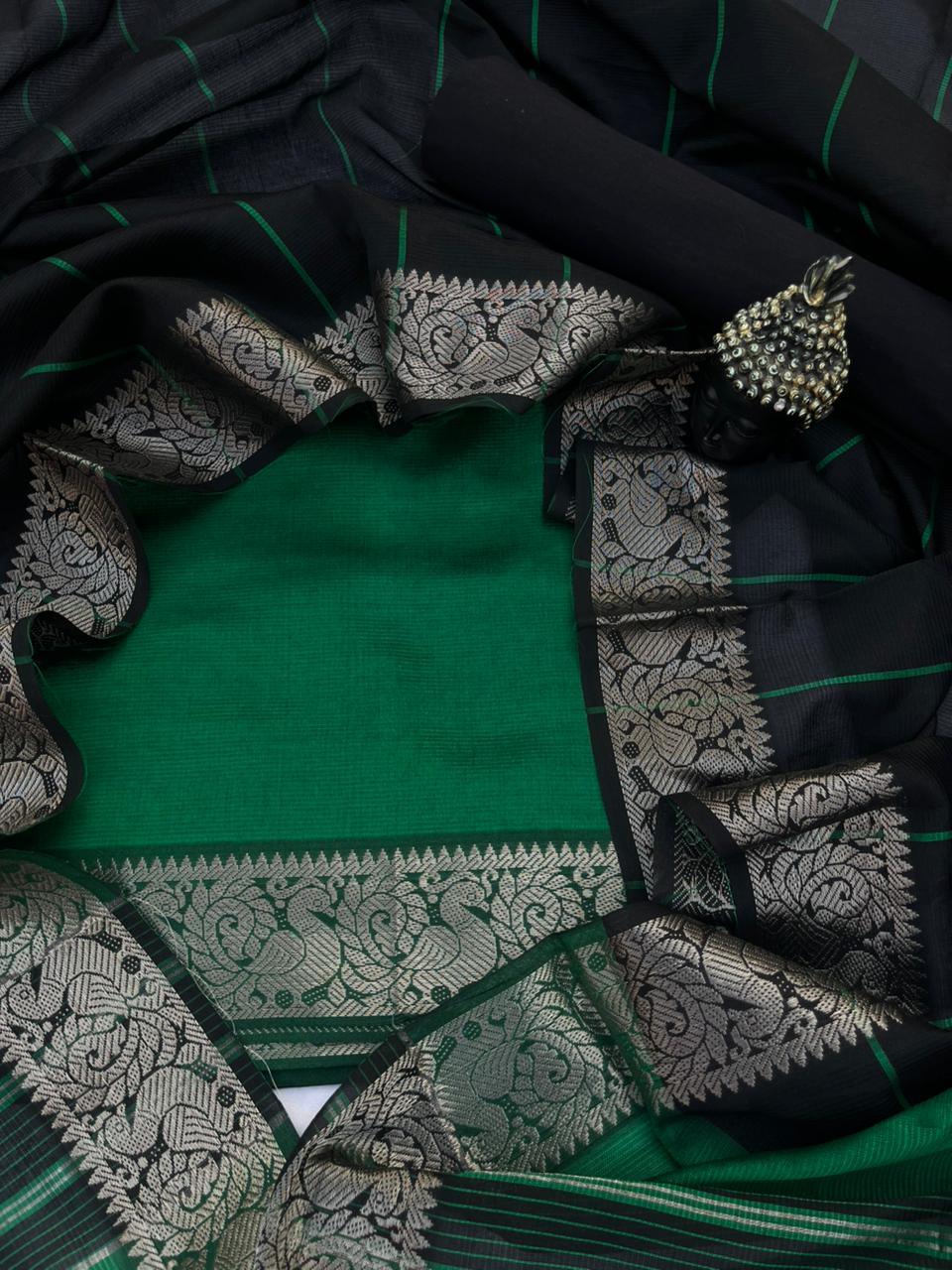 Mangalagiri Semi Pattu Dress Material with Zari Border – Green Colour
