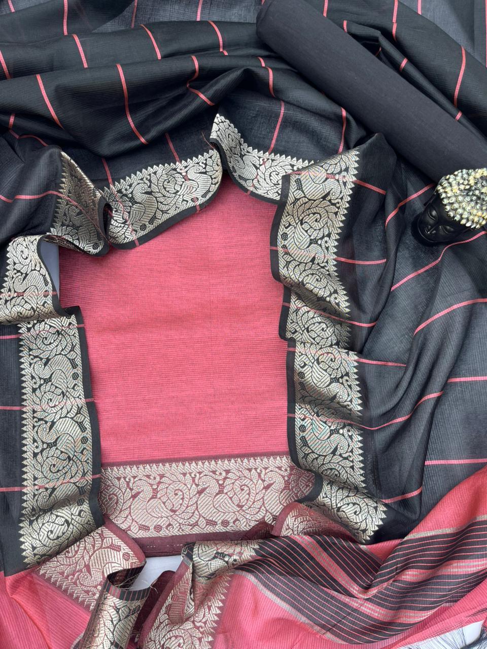 Mangalagiri Semi Pattu Dress Material with Zari Border – Baby Pink Colour
