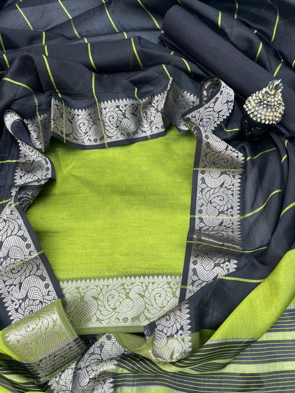 Mangalagiri Semi Pattu Dress Material with Zari Border – Greenish Yellow Colour