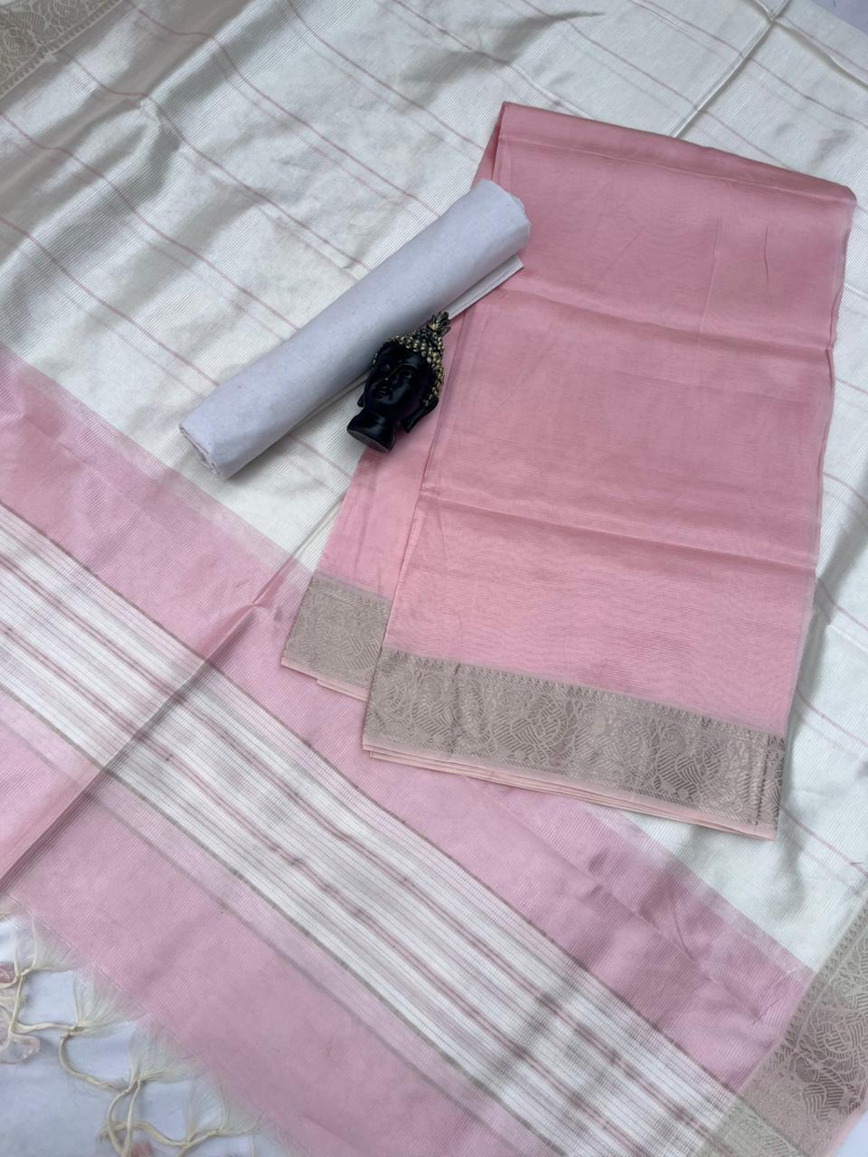 Mangalagiri Semi Pattu Dress Material with Zari Border – Pastel Baby Pink Colour