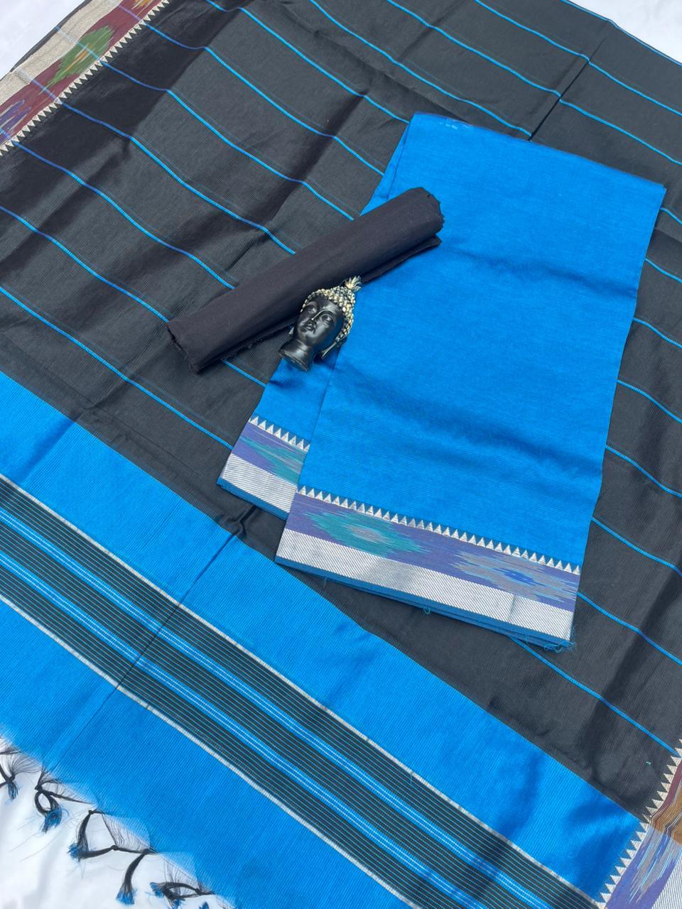 Mangalagiri Semi Pattu Dress Material with Pochampally Border – Blue Colour