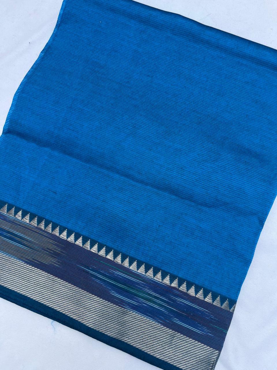 Mangalagiri Semi Pattu Dress Material with Pochampally Border – Blue Colour