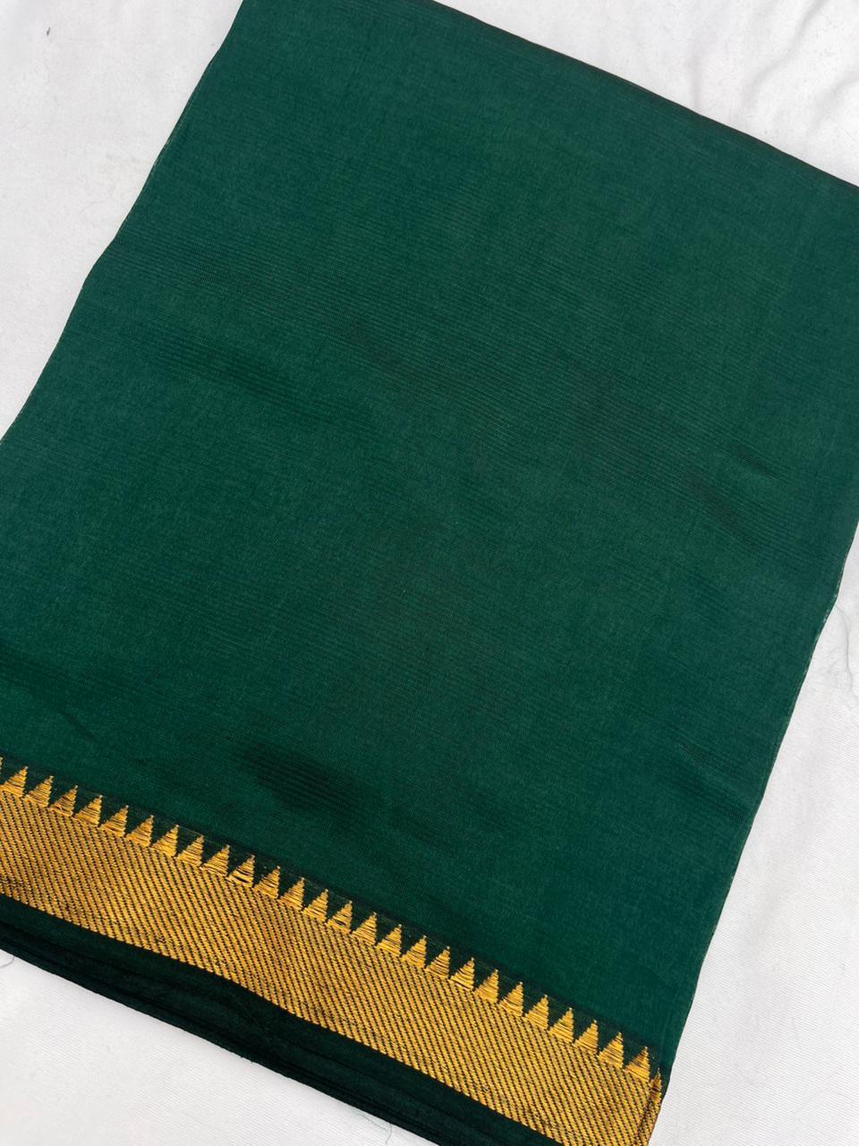 Mangalagiri Semi Pattu Dress Material with Zari Border – Dark Green Colour