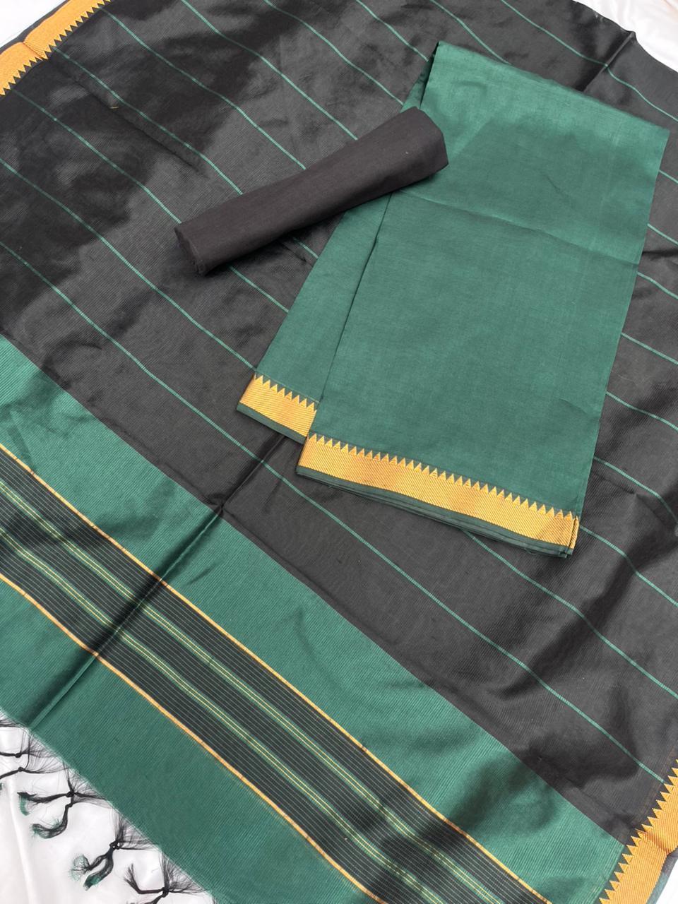 Mangalagiri Semi Pattu Dress Material with Zari Border – Dark Green Colour
